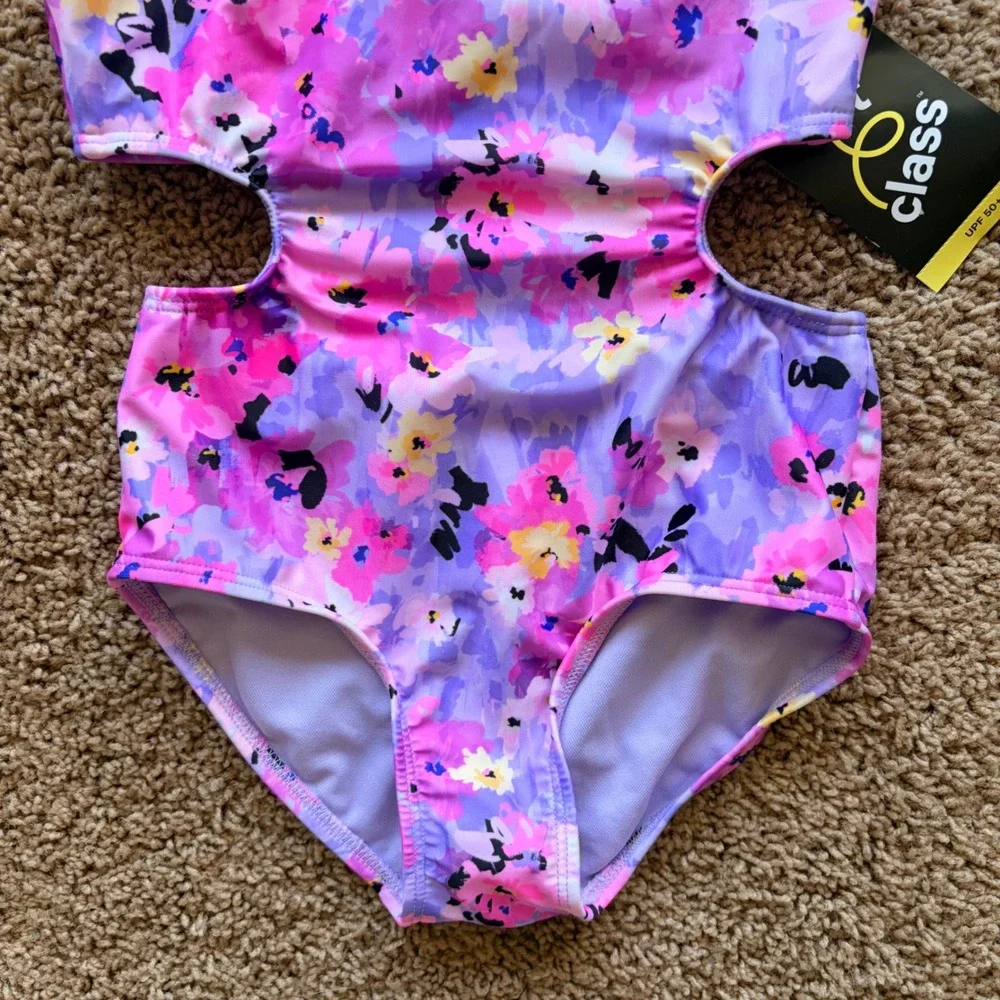 Art Class Floral Halter Cutout 1pc Swim Bathing Suit Girl Small 6/7 NEW NWT